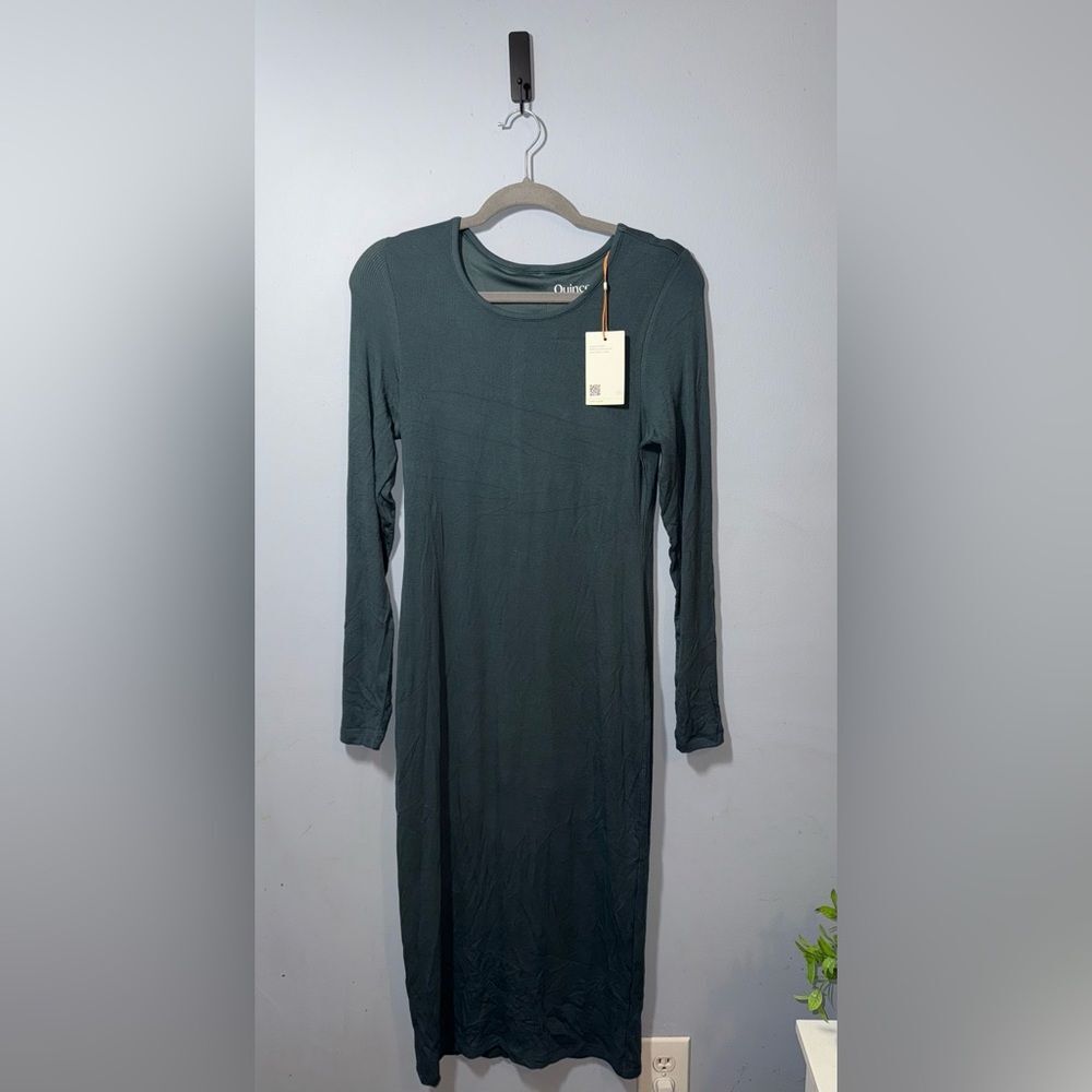 Quince Women’s Tencel Rib Knit Long Sleeve Dress in Dark Olive M NWT comfy fall